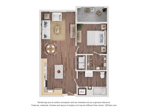 Floor plan for 1 bed, 1 bath, 688 sqft